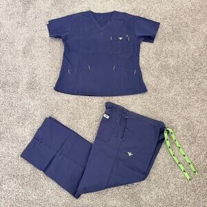 Med Couture Scrub Set Navy Blue w/Green Trim Drawstring Pants Women's Medium
